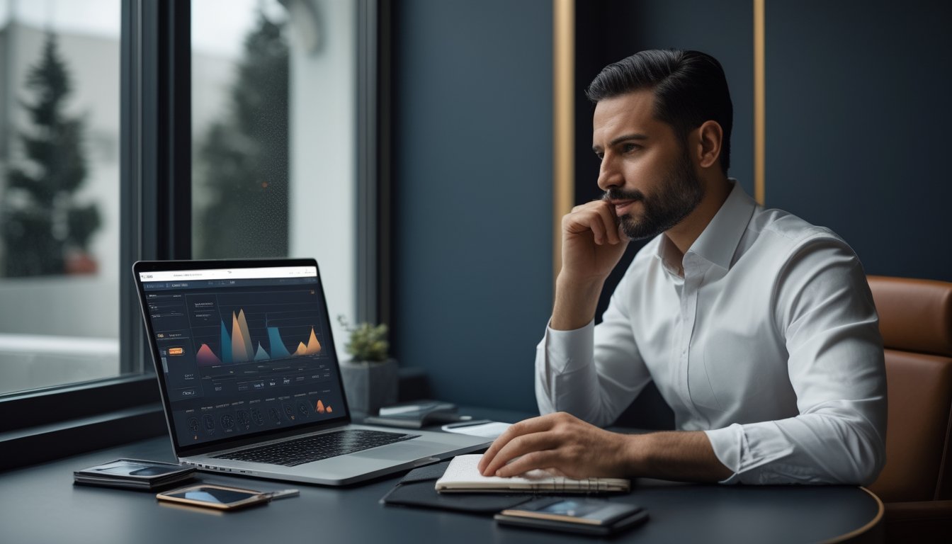 Seorang profesional meninjau analisis keanggotaan daring menggunakan laptop dan ponsel di ruang kerja modern.