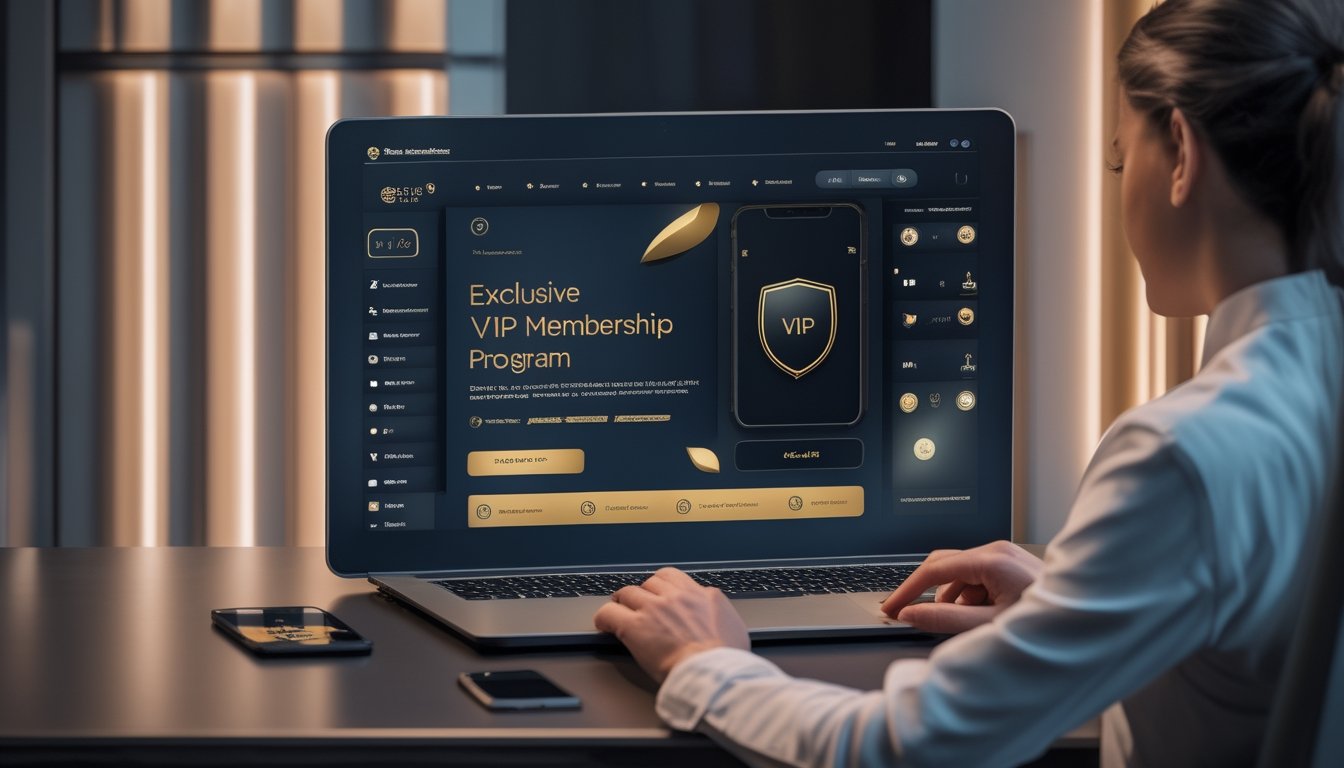 Seorang pengguna dewasa melihat dasbor keanggotaan premium di laptop dalam ruang kerja modern.