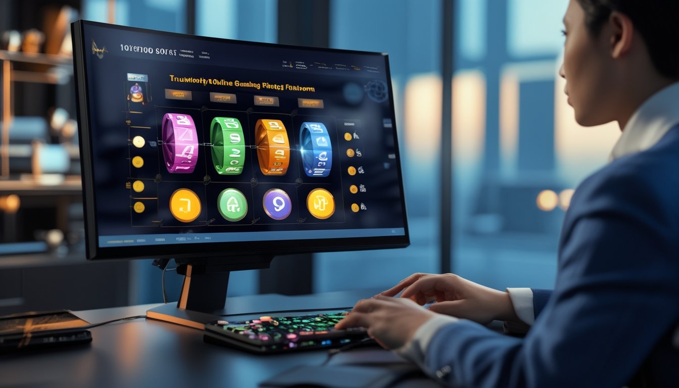 Seorang profesional meninjau antarmuka permainan digital dan grafik performa di ruang kerja modern.