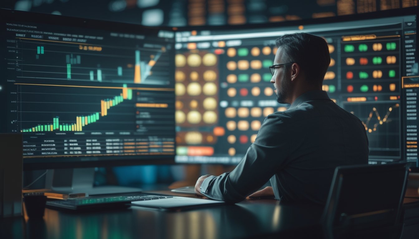Seorang analis meninjau grafik dan visualisasi data permainan pada monitor di ruang kerja modern.