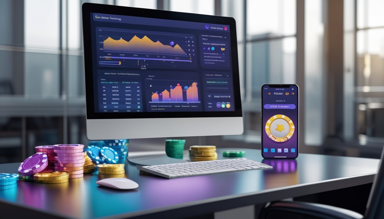 Meja kerja modern dengan monitor yang menampilkan perbandingan analitik platform permainan digital dan ponsel dengan antarmuka permainan abstrak.