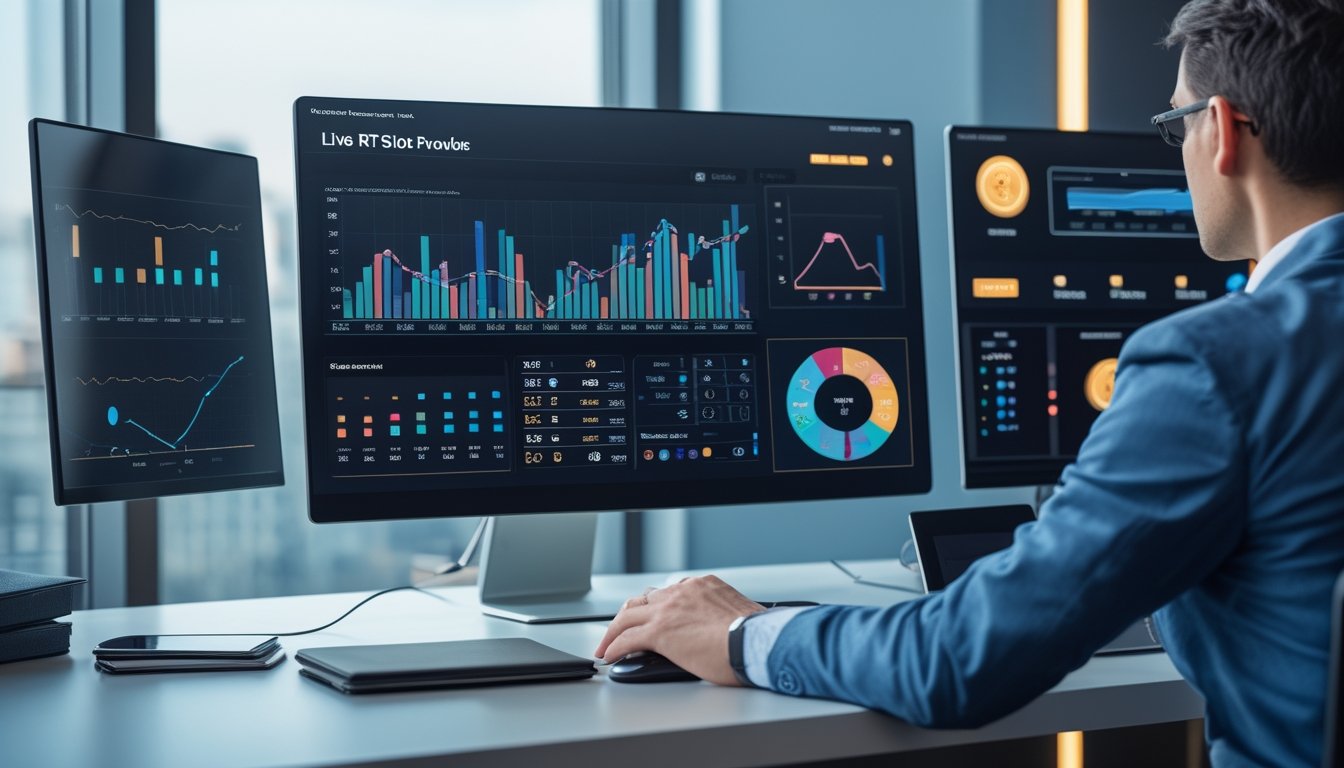 Seorang analis memantau grafik data pada beberapa layar komputer di ruang kerja modern.