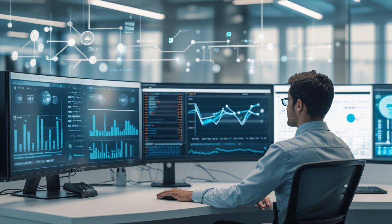Seorang analis memantau dasbor data real-time melalui beberapa layar komputer di kantor modern.