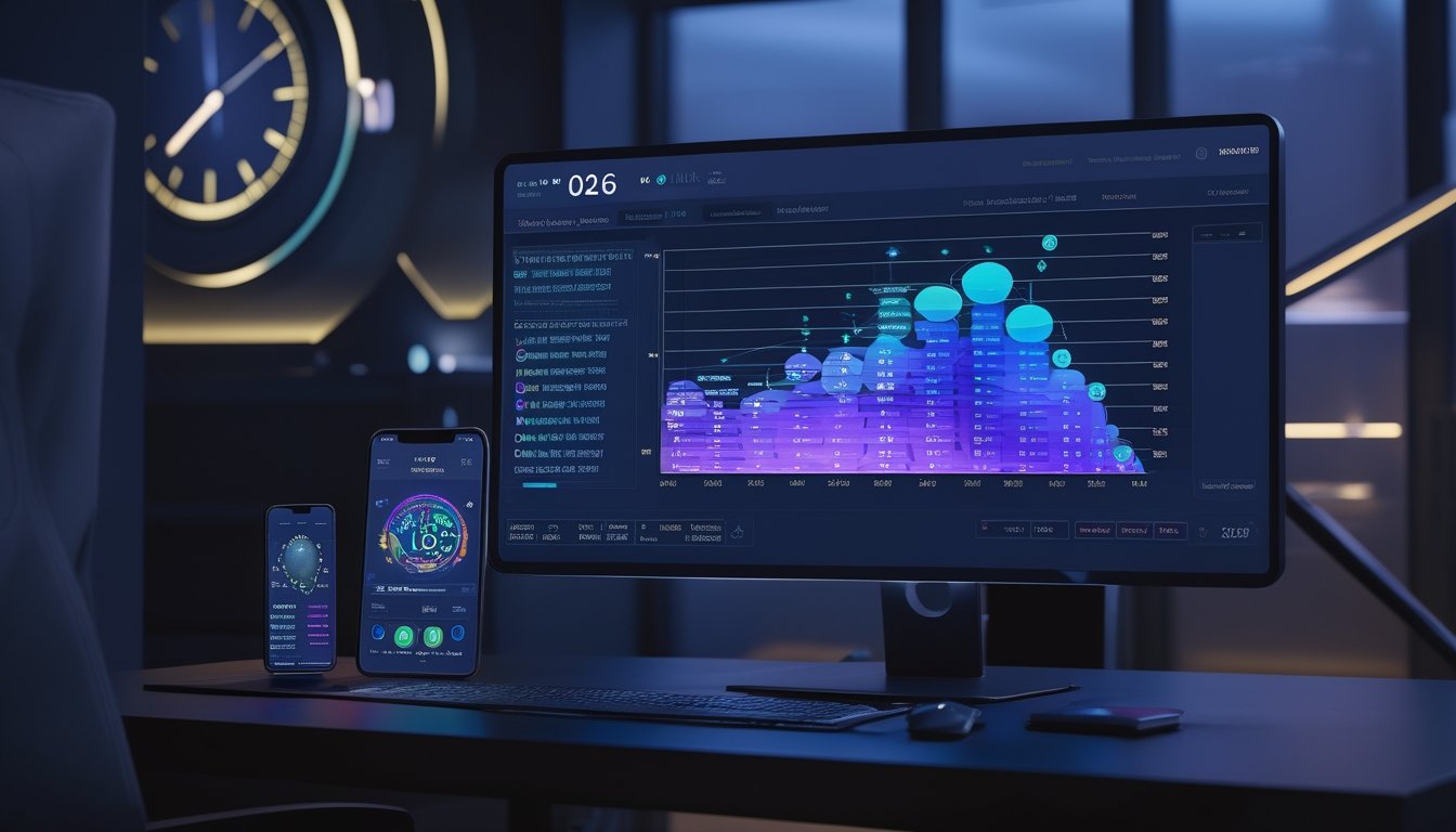 Meja kerja modern dengan monitor yang menampilkan grafik analitik permainan dan ponsel di sampingnya.