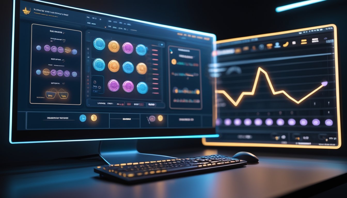 Meja kerja modern dengan monitor yang menampilkan visual abstrak permainan slot dan grafik perbandingan RTP serta volatilitas.