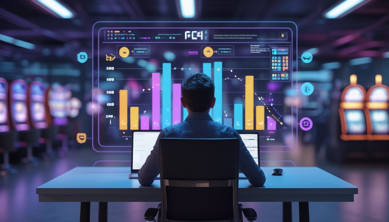 Seseorang menganalisis grafik dan indikator performa permainan daring menggunakan laptop di meja kerja modern.
