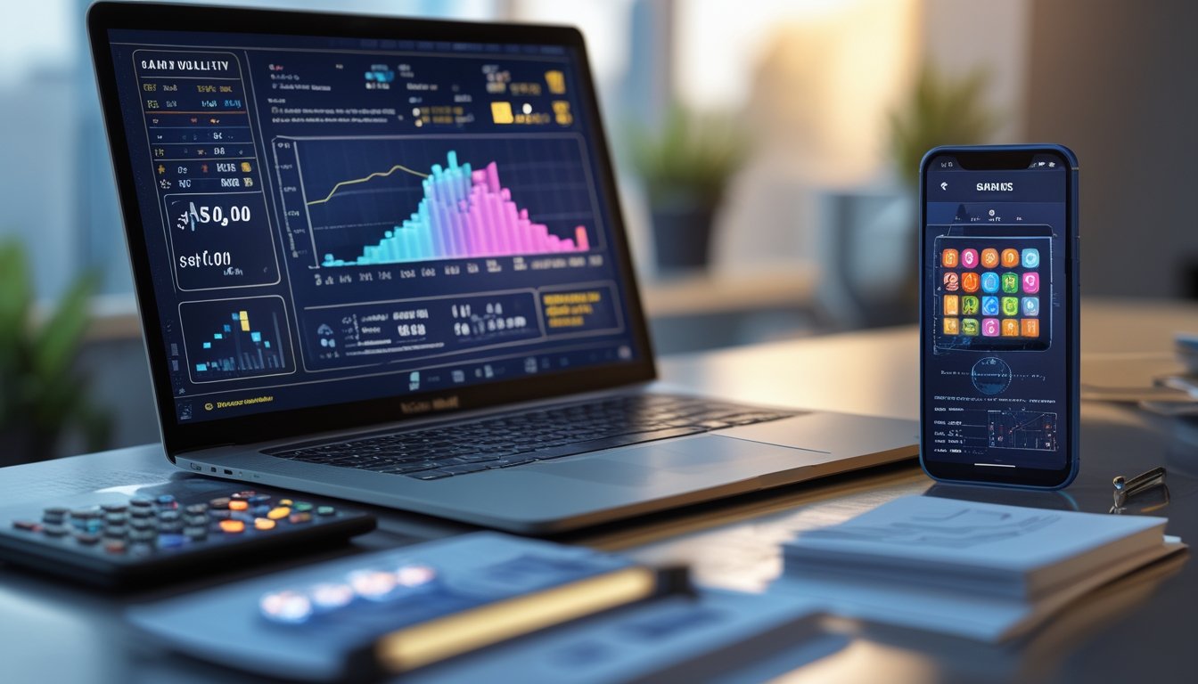Laptop dan ponsel menampilkan grafik analisis permainan digital di atas meja kerja modern.