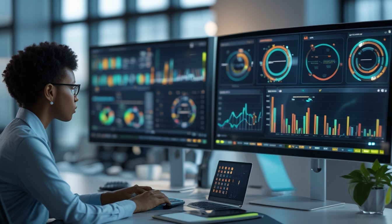 Seorang analis mempelajari grafik dan dasbor data pada beberapa monitor di ruang kerja modern.