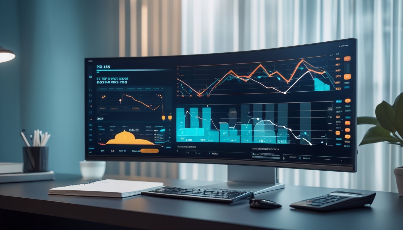 Meja analis dengan monitor yang menampilkan grafik dan visualisasi data RTP serta volatilitas secara abstrak.