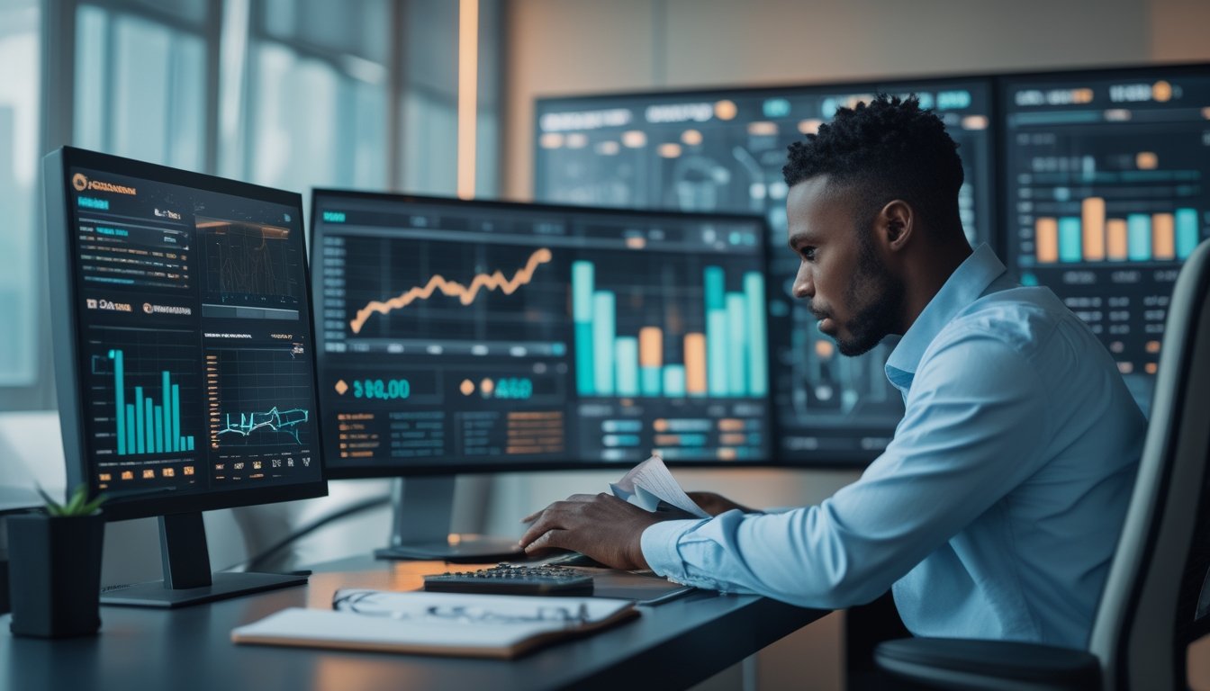 Analis sedang memeriksa grafik statistik dan persentase pada beberapa monitor di ruang kerja modern.