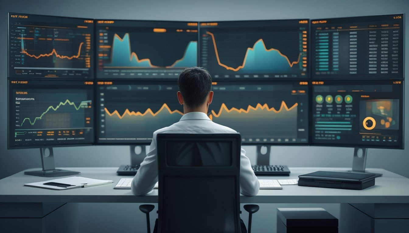 Analis sedang memeriksa grafik dan data probabilitas permainan slot pada beberapa monitor.