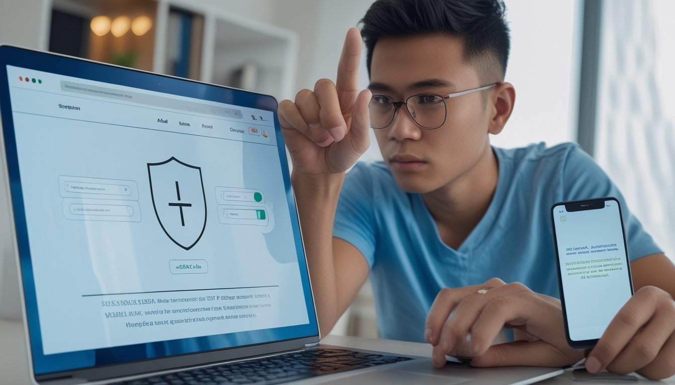 Seseorang memeriksa tautan mencurigakan di laptop dengan tanda peringatan keamanan.