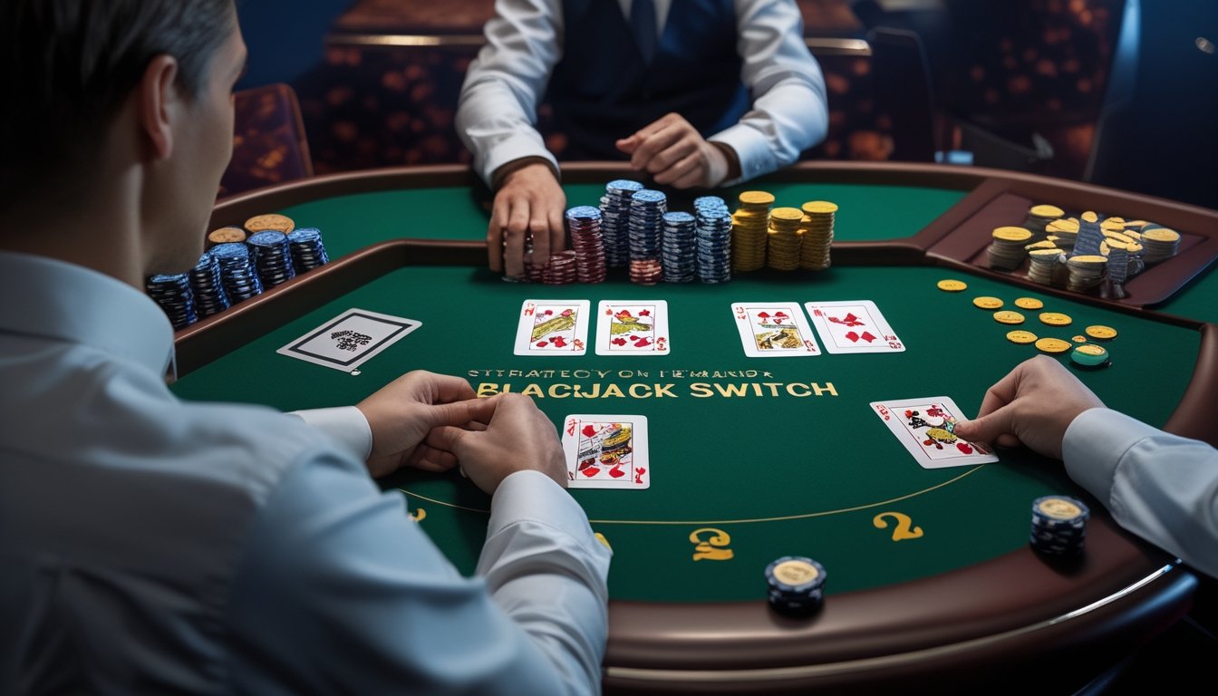 Pemain mempelajari dua tangan Blackjack Switch di meja kasino dengan dealer dan keping taruhan di depannya.