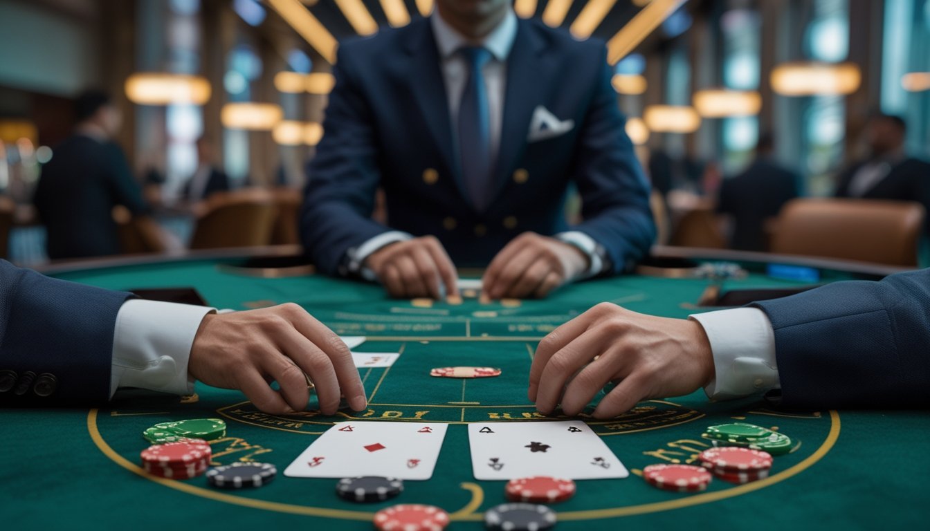 Pemain dan dealer sedang bermain Blackjack Switch di meja kasino dengan dua tangan kartu dan keping taruhan.