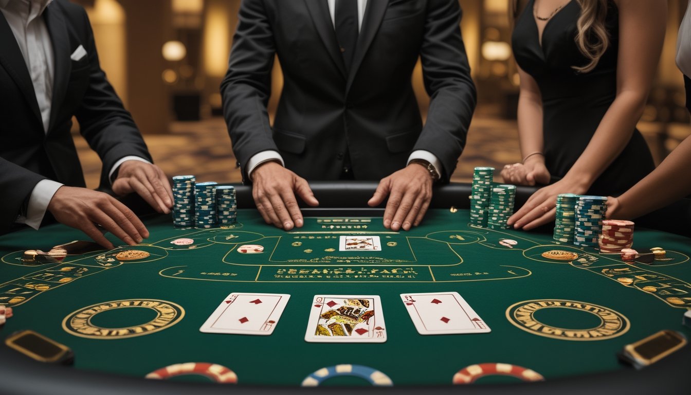 Dealer dan dua pemain mengamati dua tangan kartu blackjack di meja kasino dengan tumpukan chip.