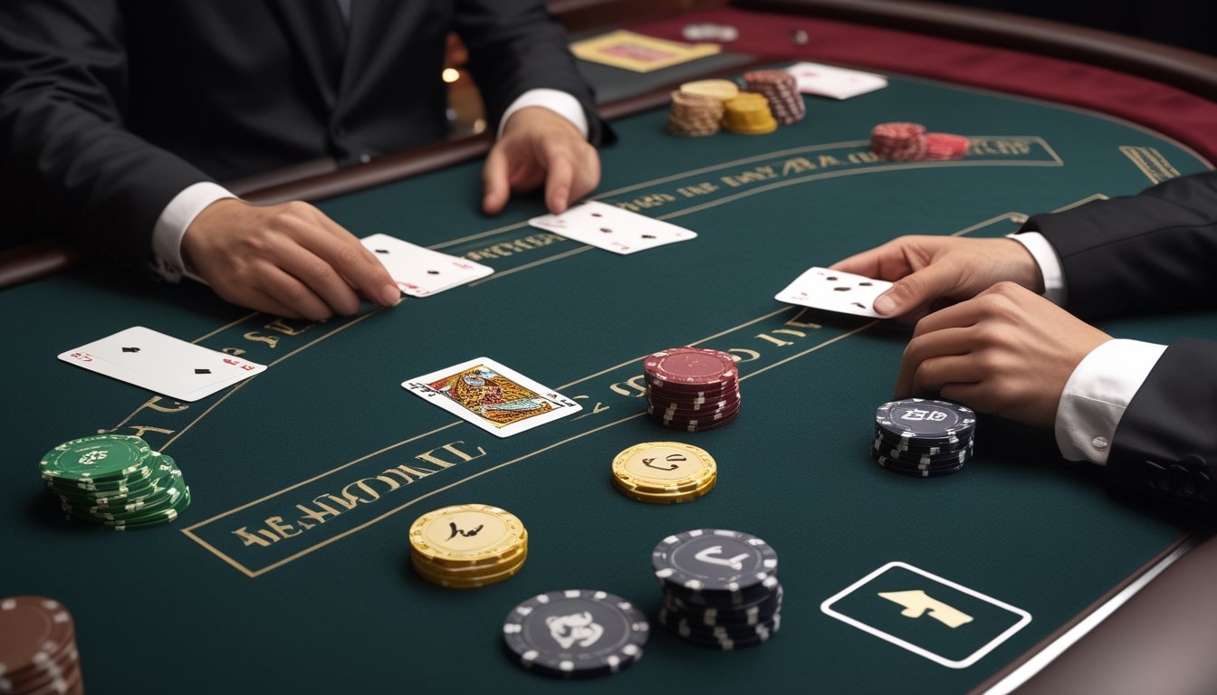 Meja Blackjack Switch dengan dua tangan kartu, keping taruhan, dan dealer yang sedang menyiapkan kartu.