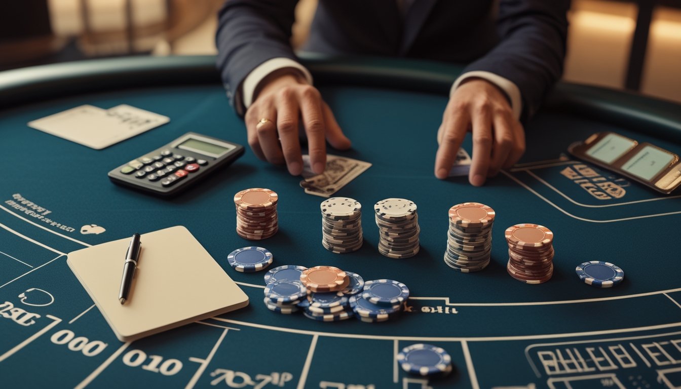 Meja kasino dengan kartu blackjack, tumpukan chip yang tertata, kalkulator, dan buku catatan kosong.