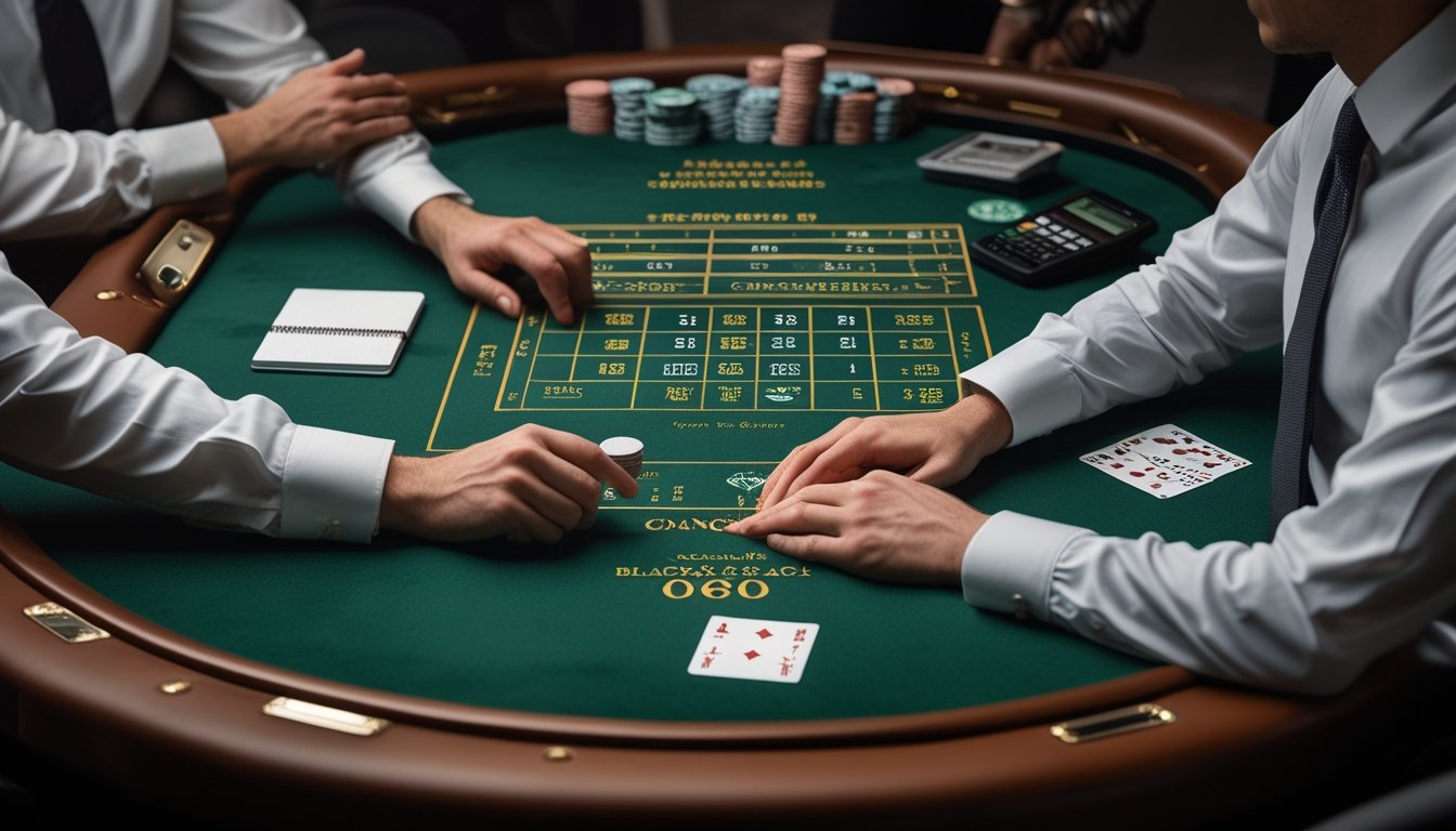 Meja blackjack dengan dua tangan kartu, tumpukan chip yang tertata, dan kalkulator untuk menggambarkan pengelolaan modal.