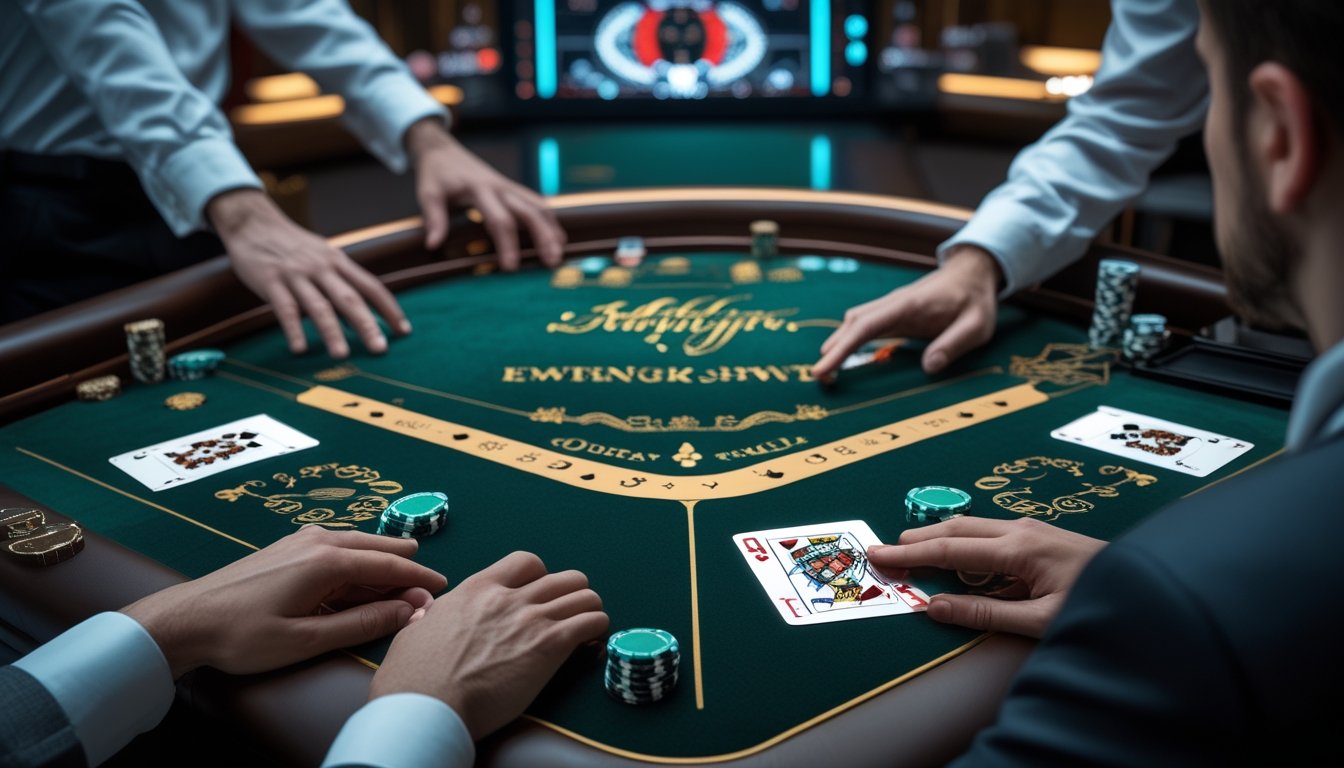 Meja kasino modern dengan dua tangan kartu blackjack, dealer, dan elemen teknologi yang menggambarkan perkembangan permainan hingga masa kini.