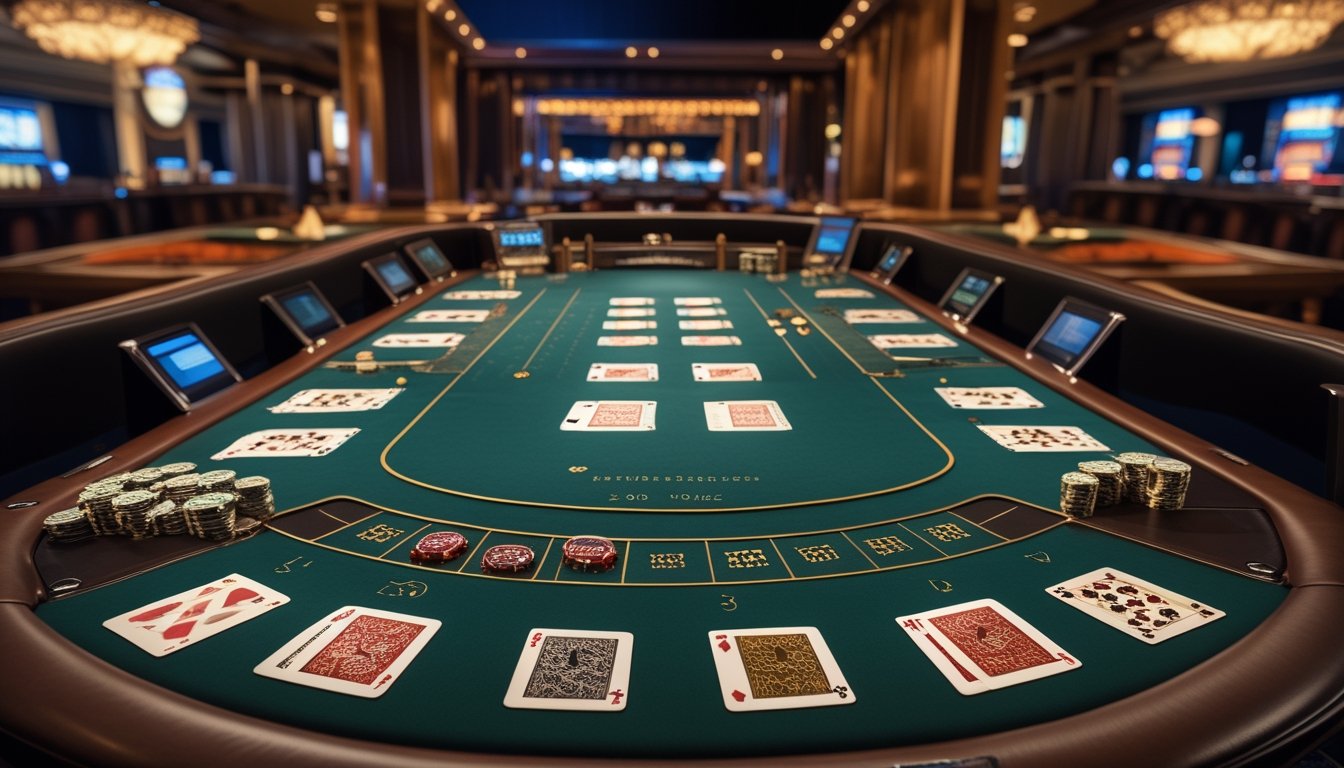 Meja kasino dengan dua tangan kartu blackjack, keping taruhan, dan suasana yang memadukan nuansa kasino klasik serta modern.
