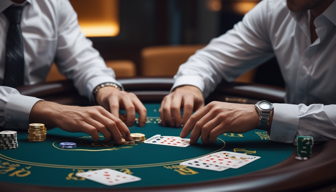 Pemain fokus menghitung kartu di meja Blackjack Switch dengan dua tangan permainan dan dealer di depannya.
