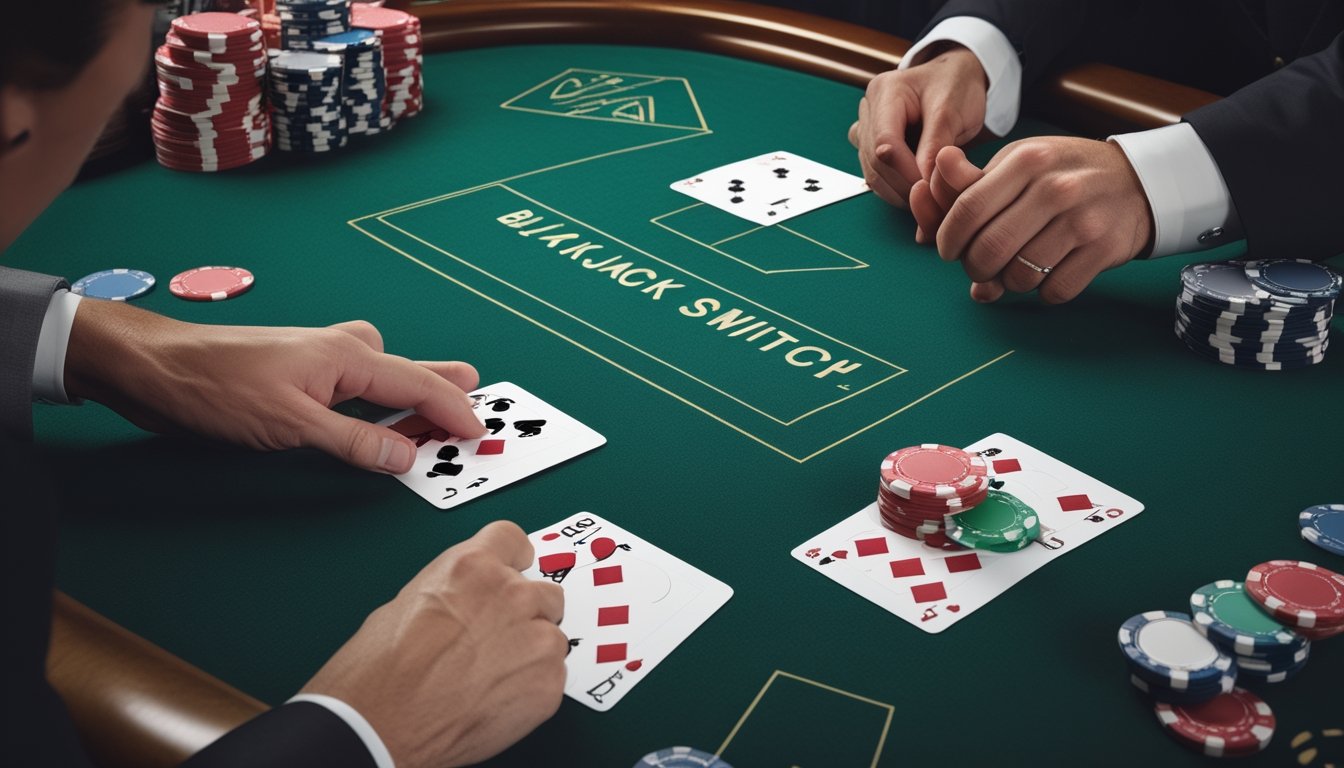 Pemain dan bandar berada di meja blackjack dengan dua tangan kartu, keping taruhan, dan catatan perhitungan strategi.
