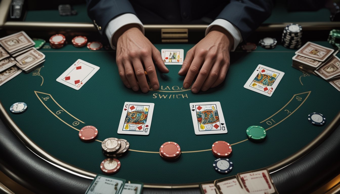 Meja kasino dengan dealer yang mengatur dua susunan kartu blackjack dan keping taruhan.