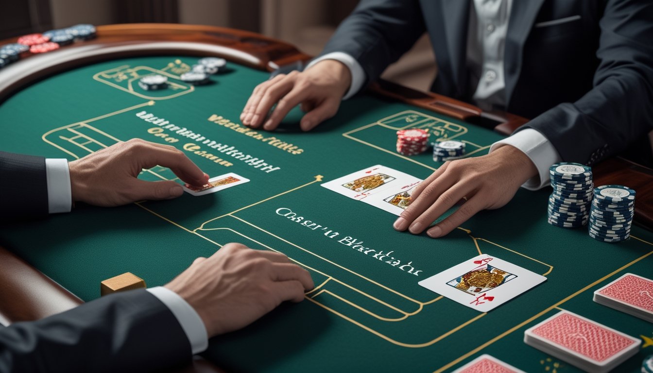Meja blackjack dengan dealer, dua tangan kartu, dan tumpukan chip di suasana kasino.