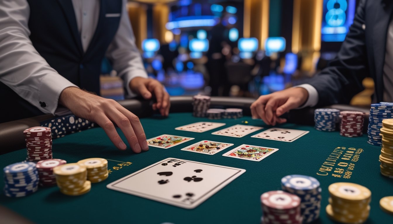 Meja blackjack dengan dua tangan kartu, dealer, dan tumpukan chip kasino.