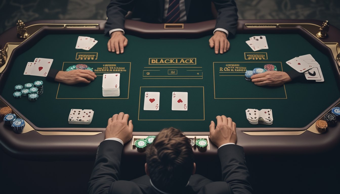 Pemain blackjack menghadapi dua tangan aktif dengan kartu, chip taruhan tambahan, dan kartu yang siap dipisah di meja kasino.