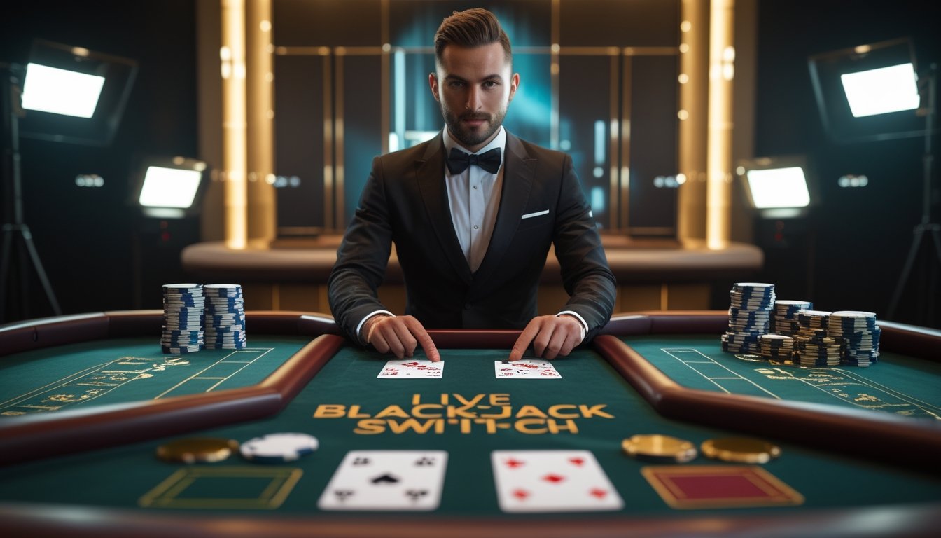 Dealer profesional membagikan kartu di dua meja blackjack dengan pemain, kartu, dan keping kasino.