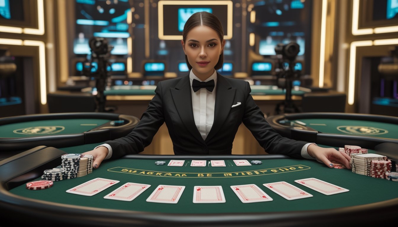 Dealer kasino memandu permainan Blackjack Switch dengan dua susunan kartu dan keping taruhan di meja siaran langsung.