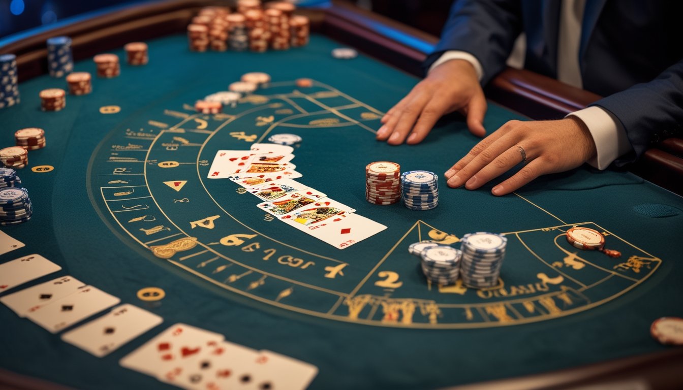 Tangan pemain ragu menempatkan chip di area taruhan sampingan pada meja baccarat.