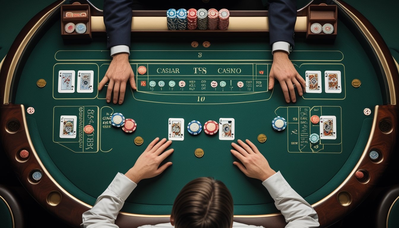 Meja permainan baccarat dengan kartu, keping taruhan, dan tangan yang menata area taruhan secara hati-hati.