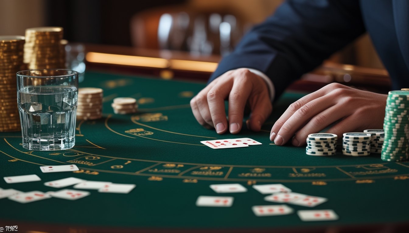 Meja baccarat dengan kartu, keping kasino, dan tangan pemain yang sedang mengamati susunan taruhan.