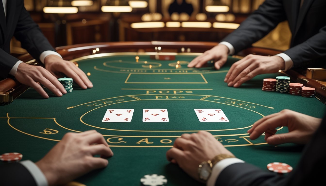 Meja baccarat dengan kartu berpasangan, keping taruhan, dan tangan dealer di kasino.