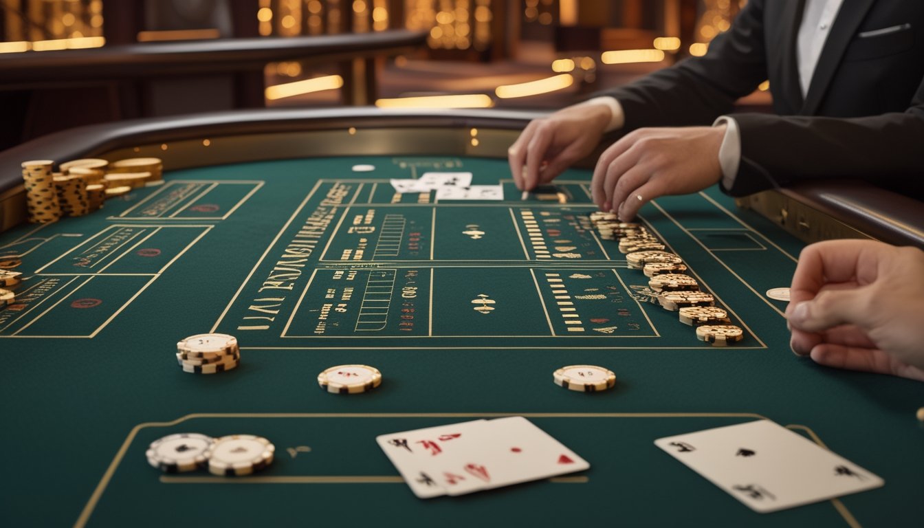 Meja baccarat dengan kartu, keping kasino, dan beberapa area taruhan yang tertata rapi.