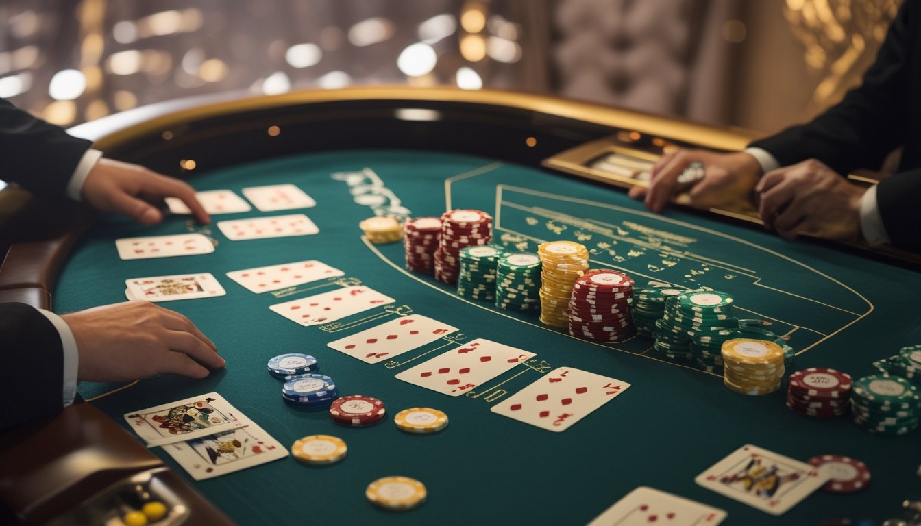 Meja baccarat dengan kartu, keping taruhan, dan tangan bandar yang sedang menata permainan di kasino.