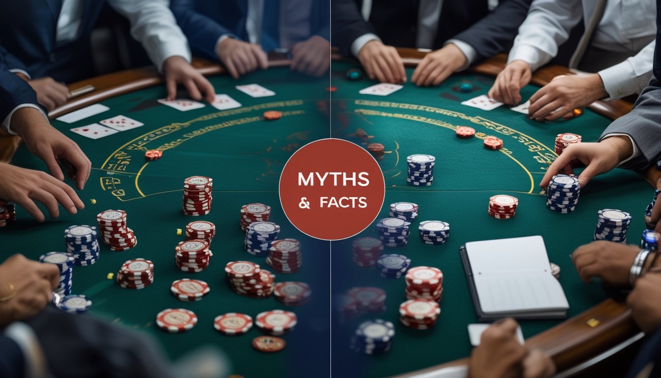 Meja baccarat dengan kartu dan tumpukan chip yang terbagi antara suasana kacau dan suasana rapi untuk menggambarkan mitos dan fakta.
