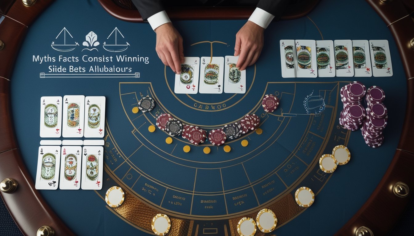 Meja baccarat dengan kartu, keping kasino, dan elemen analisis probabilitas yang menggambarkan perbandingan mitos dan fakta.
