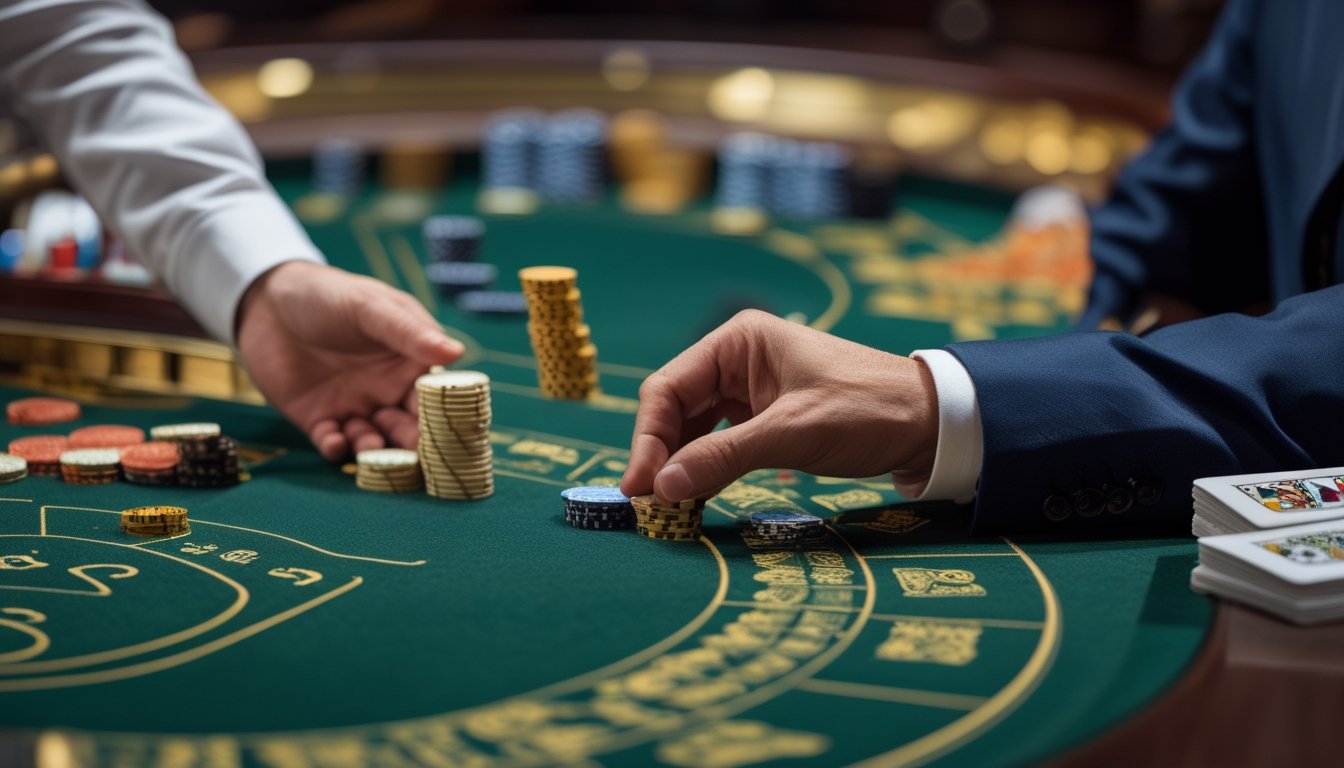 Seorang pemain memindahkan keping taruhan dari area side bet baccarat dengan sikap tenang dan berhati-hati.
