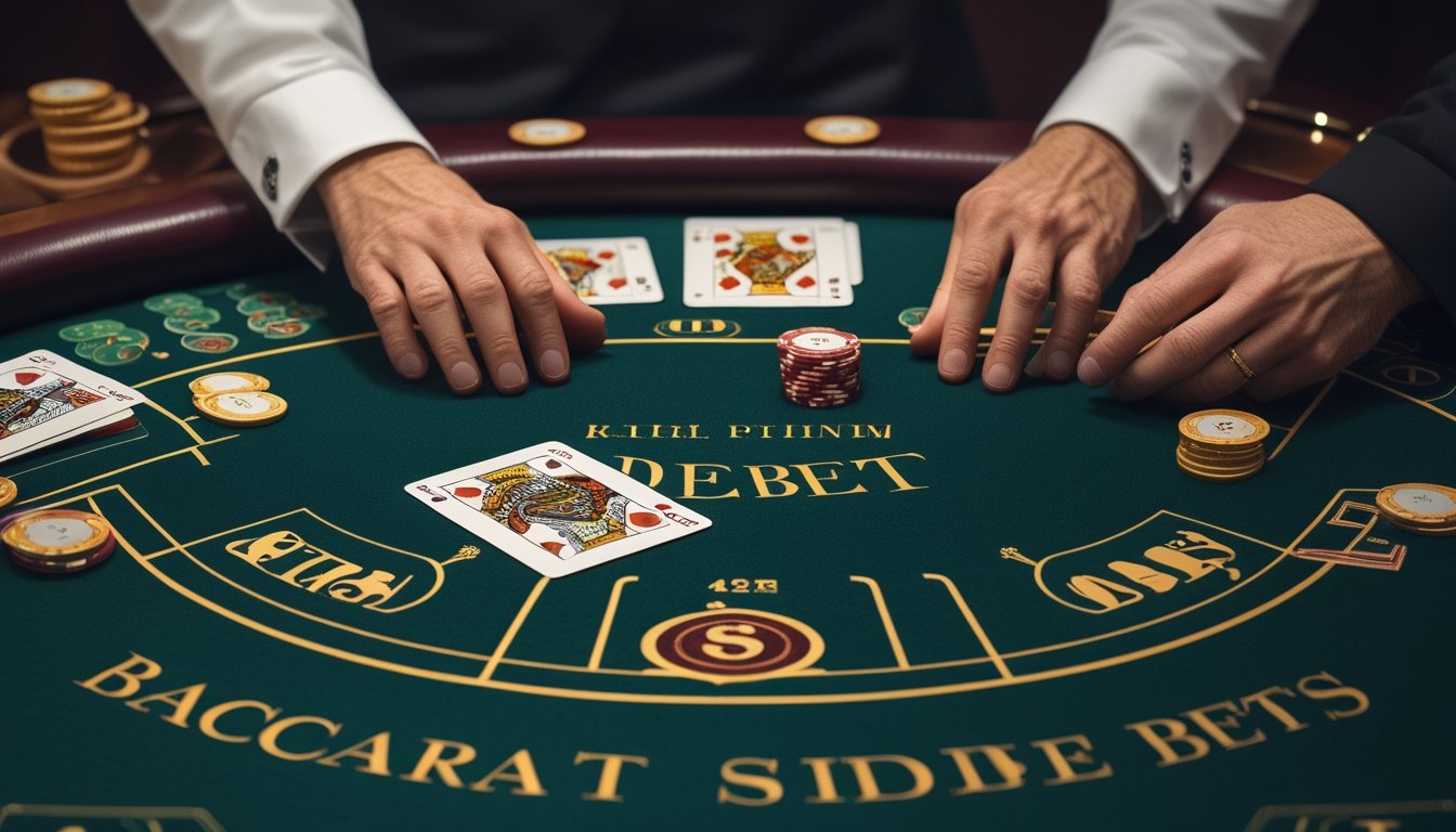 Tangan pemain menarik diri dari meja baccarat dengan kartu dan keping taruhan yang tertata rapi.
