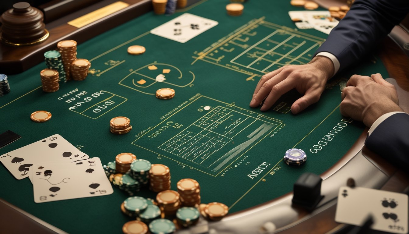 Meja baccarat dengan kartu, keping kasino, kalkulator, dan grafik abstrak yang menggambarkan analisis peluang.
