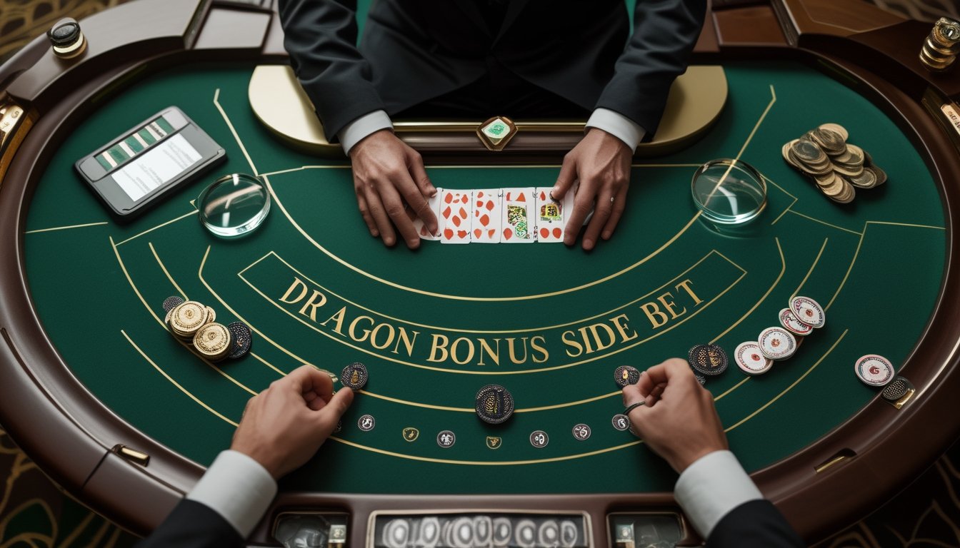Meja baccarat dengan kartu, keping kasino, dan perlengkapan analisis peluang.