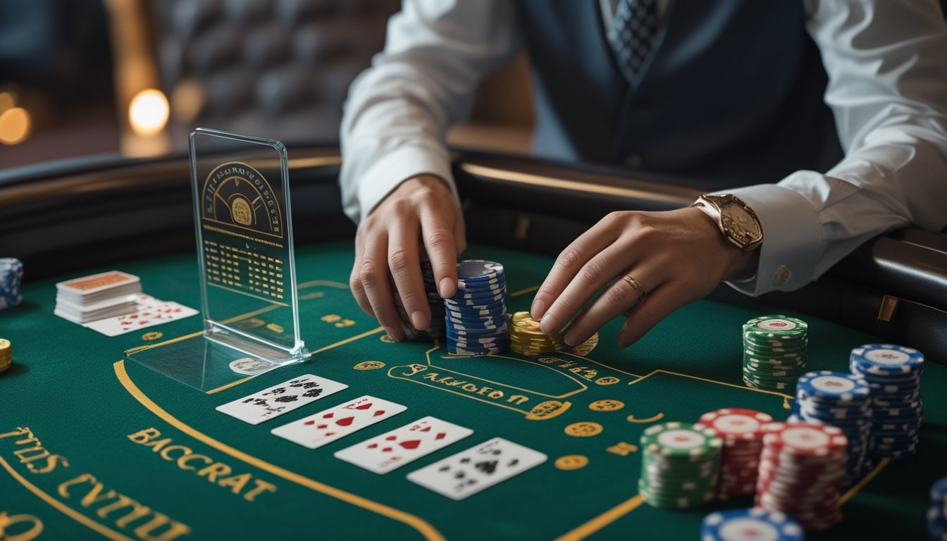 Meja baccarat dengan kartu, keping kasino, dan pemain yang sedang menempatkan taruhan sampingan.