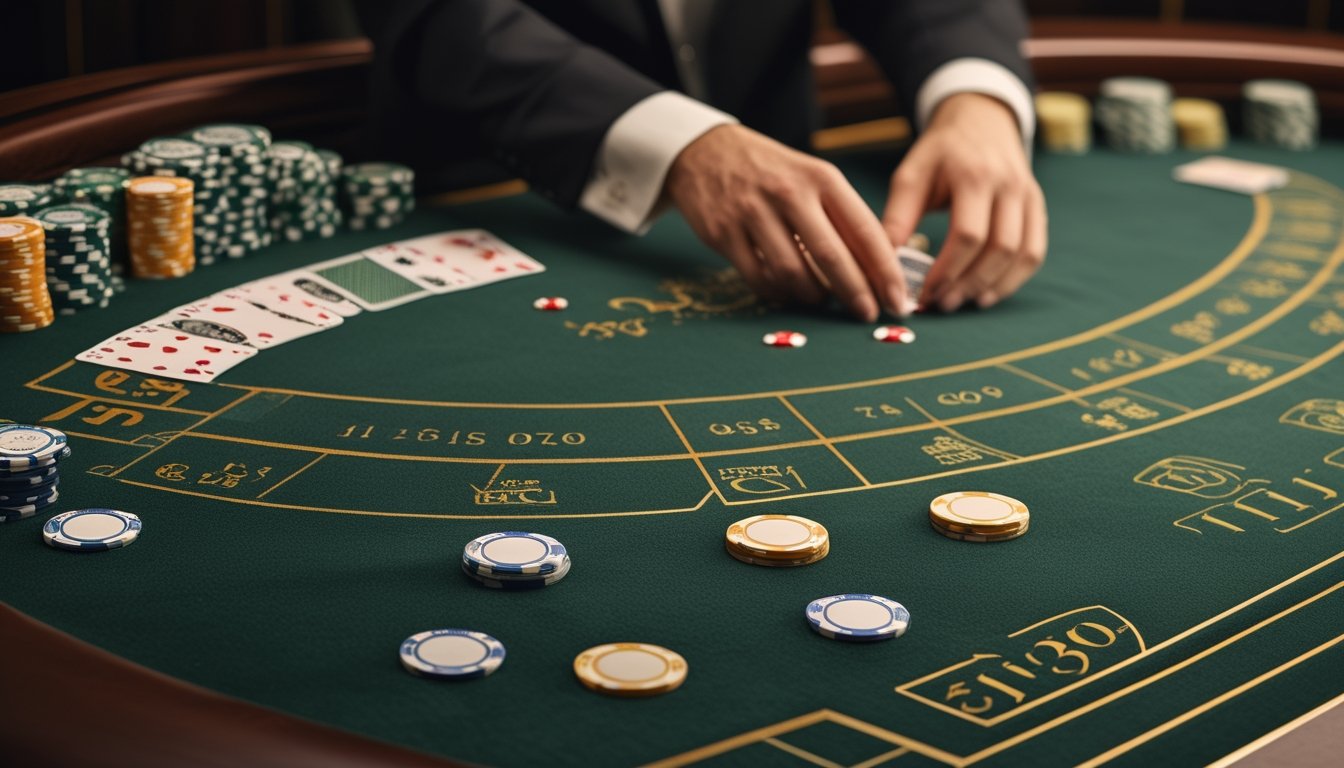 Meja baccarat dengan kartu, keping taruhan, dan tangan dealer yang menyiapkan permainan.