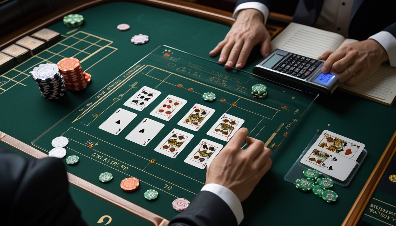 Meja baccarat dengan kartu, chip kasino, kalkulator, dan grafik probabilitas yang menggambarkan analisis taruhan sampingan.