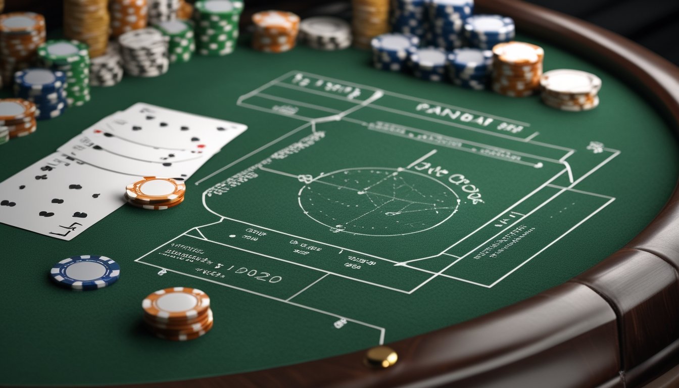 Meja baccarat dengan kartu, keping kasino, dan elemen analisis peluang.
