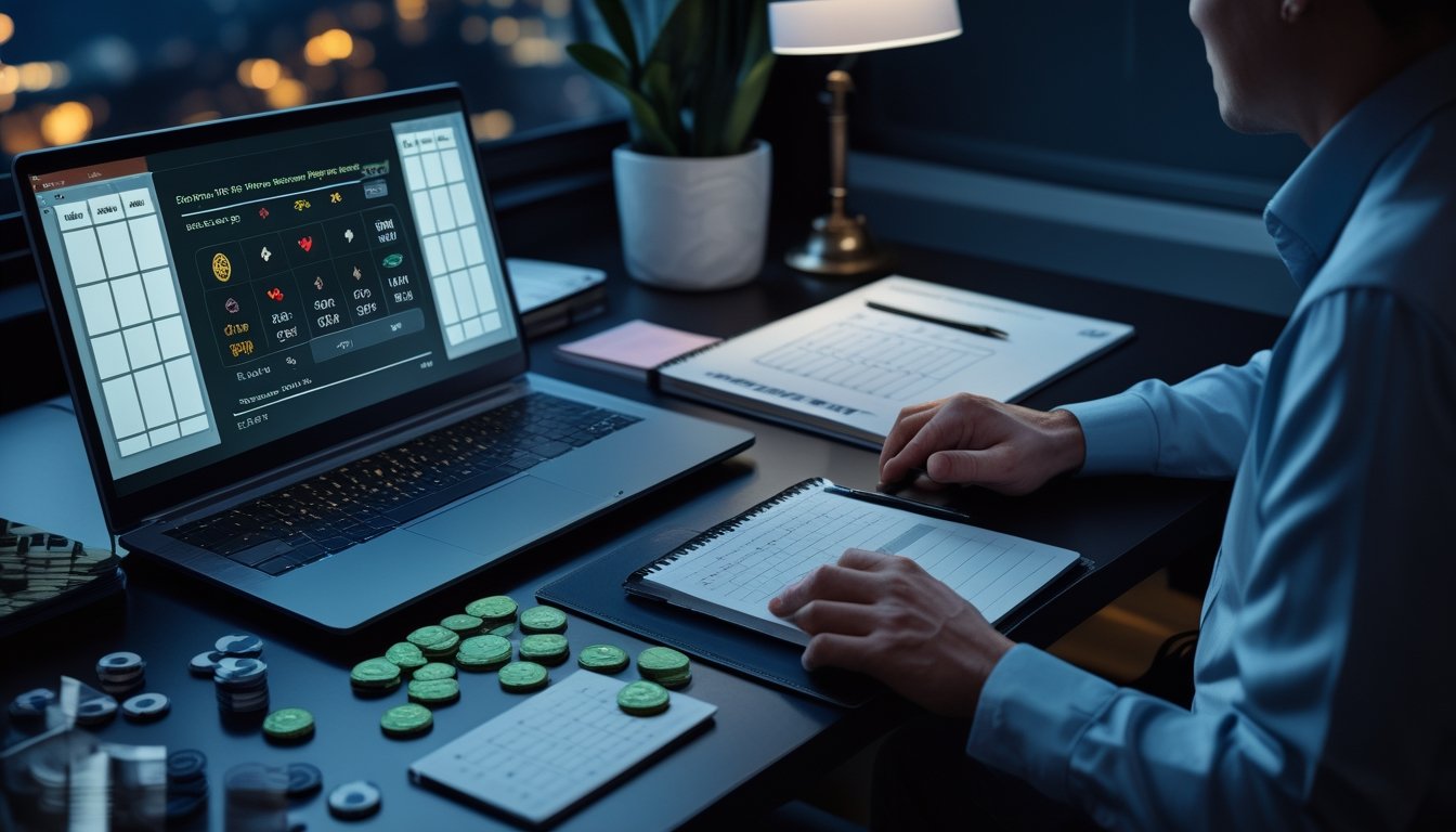 Seseorang mengatur tumpukan chip, kalkulator, dan catatan kosong sambil melihat permainan baccarat daring di laptop.