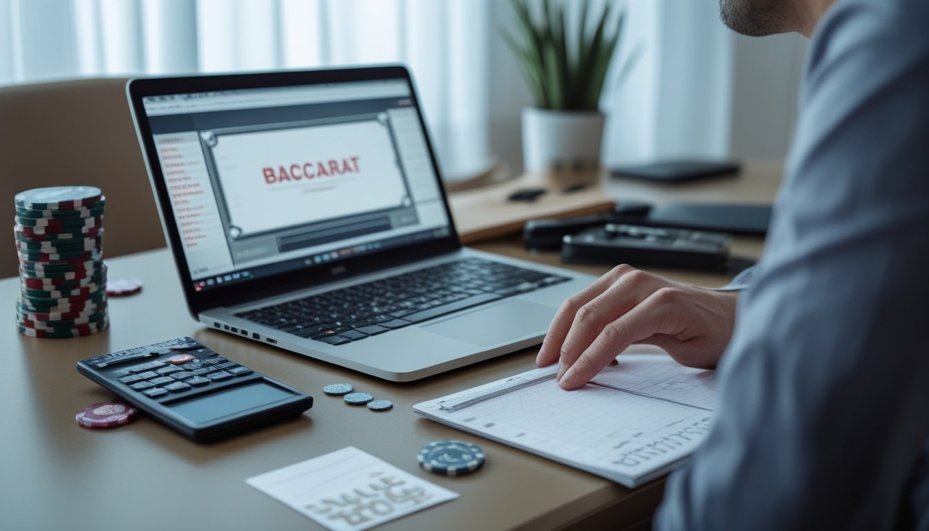 Seorang pemain meninjau anggaran, kalkulator, dan tumpukan chip terbatas saat bermain baccarat online.